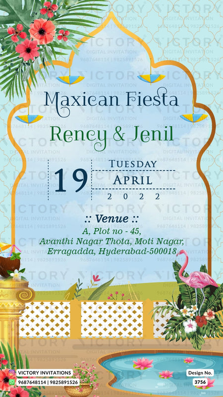 Pool Party invitation card in english language with flamingo, umbrella as arch theme design 3756