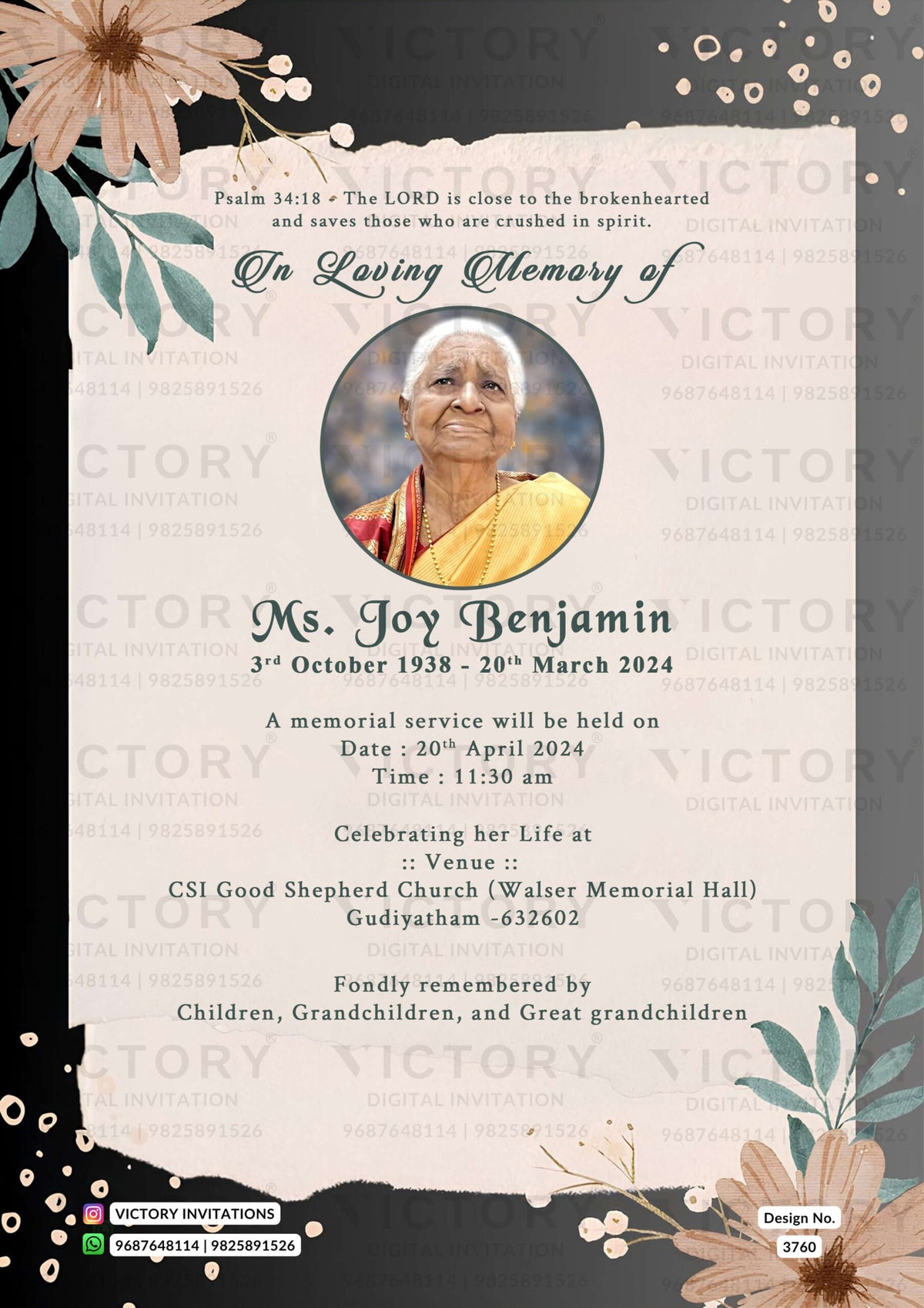 Funeral invitation card in english language with flowers, leaves as floral theme design 3760
