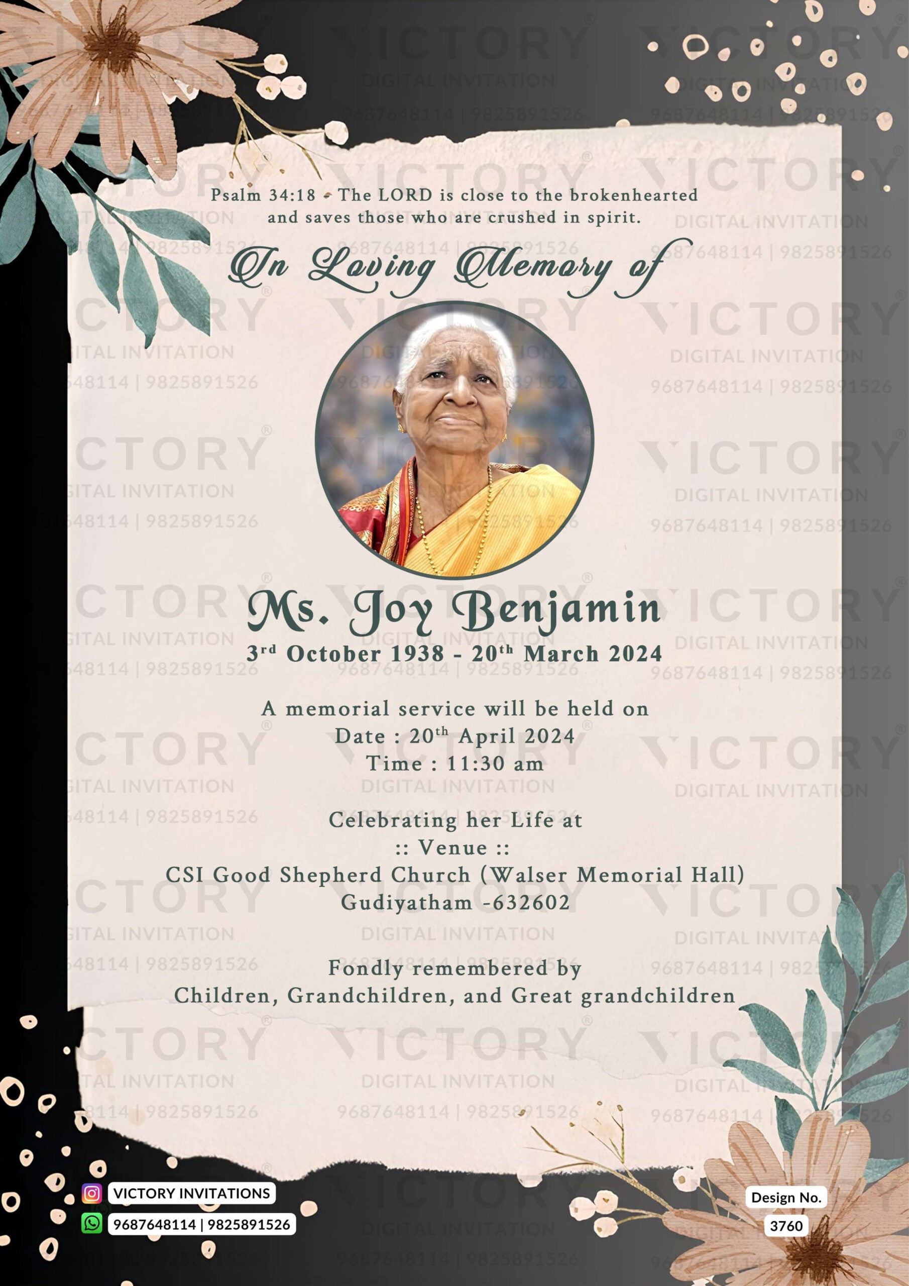Funeral invitation card in english language with flowers, leaves as floral theme design 3760