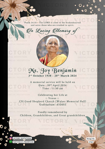 Funeral invitation card in english language with flowers, leaves as floral theme design 3760