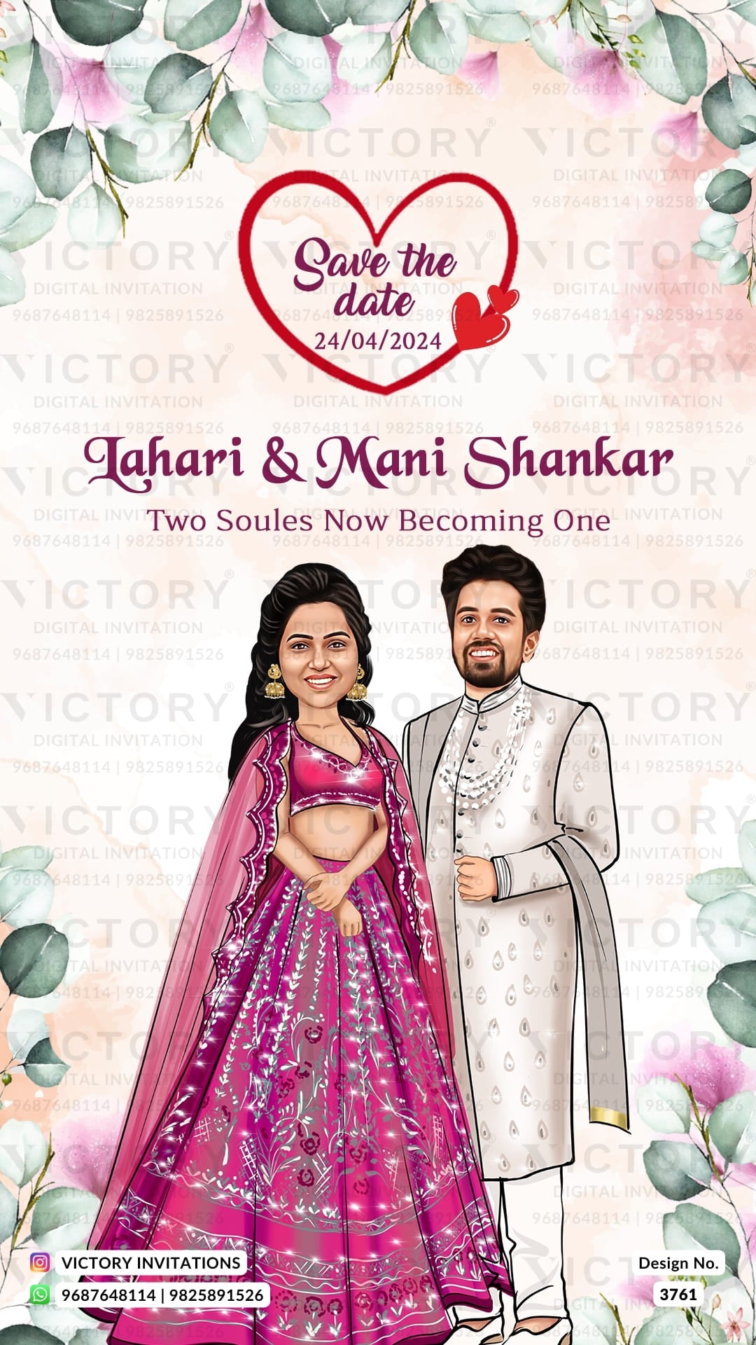 Glittery couple caricature invitation card for wedding ceremony of south indian telugu family in english language with floral theme design 3761