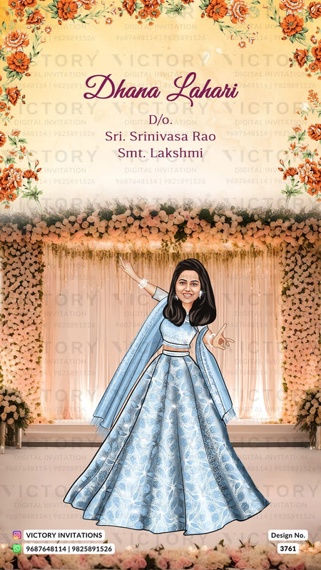 Glittery couple caricature invitation card for wedding ceremony of south indian telugu family in english language with floral theme design 3761