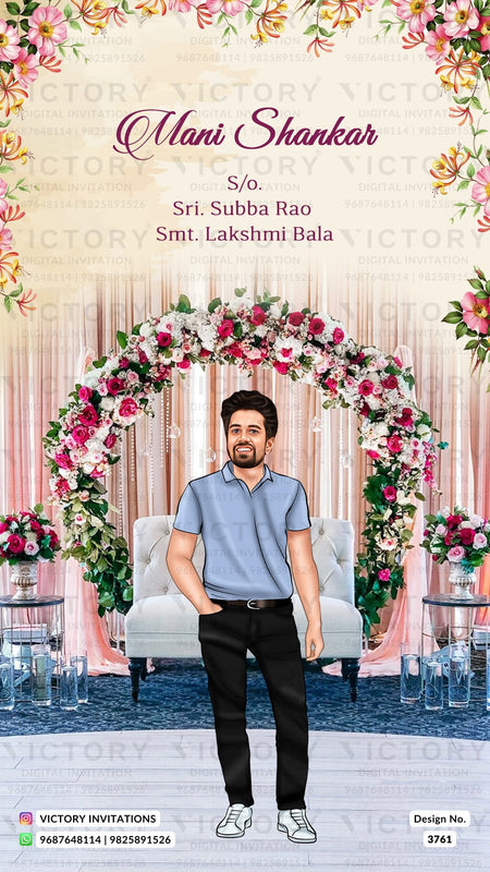 Glittery couple caricature invitation card for wedding ceremony of south indian telugu family in english language with floral theme design 3761