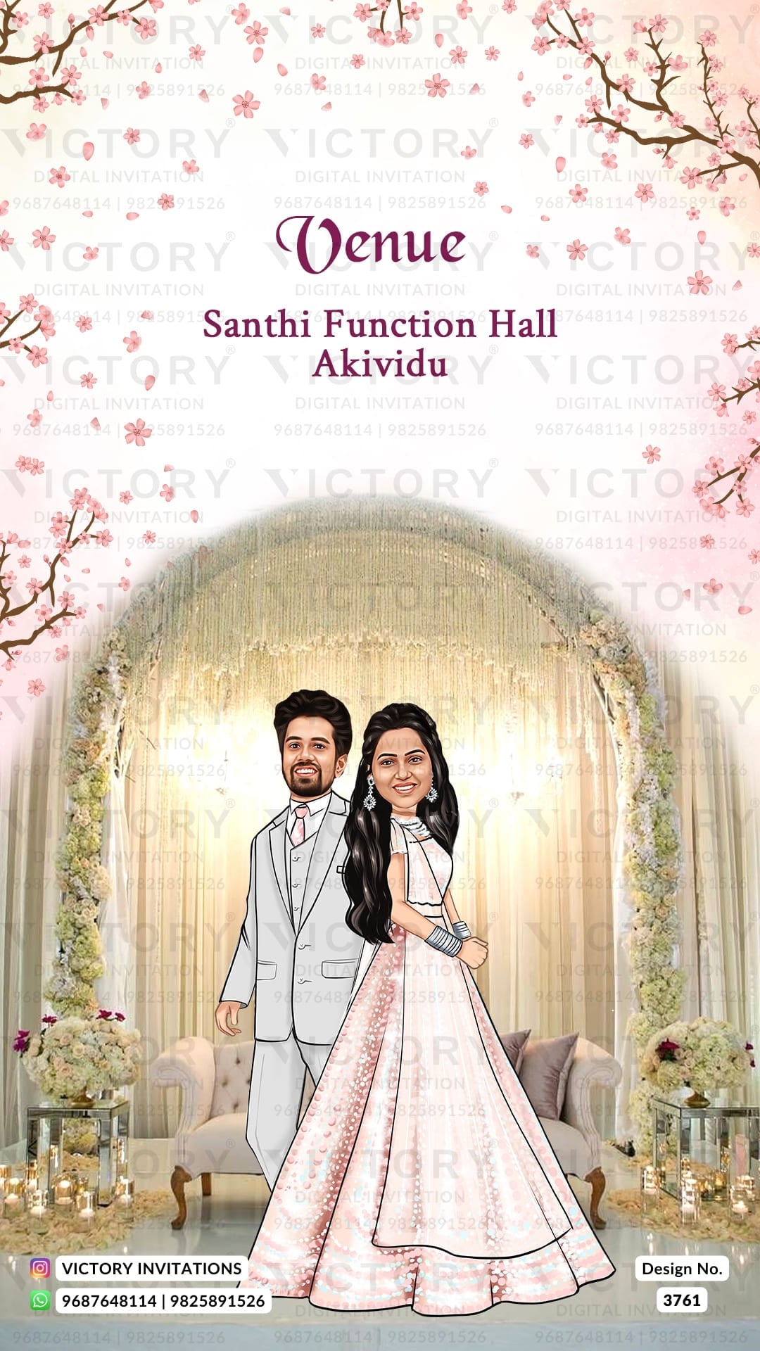 Glittery couple caricature invitation card for wedding ceremony of south indian telugu family in english language with floral theme design 3761
