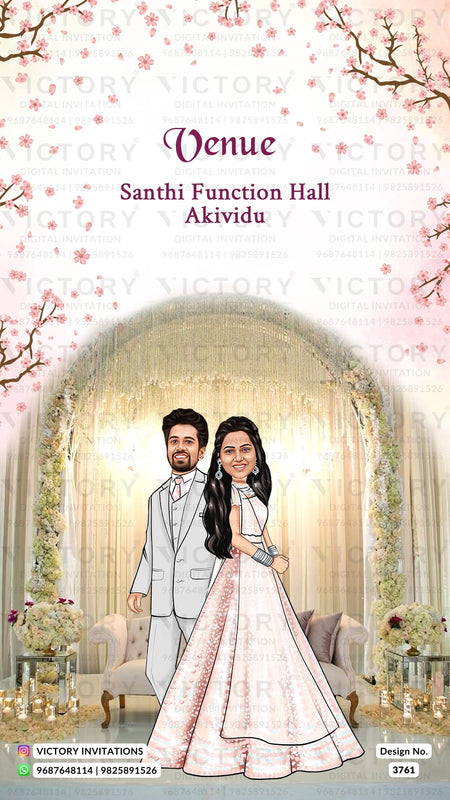 Glittery couple caricature invitation card for wedding ceremony of south indian telugu family in english language with floral theme design 3761