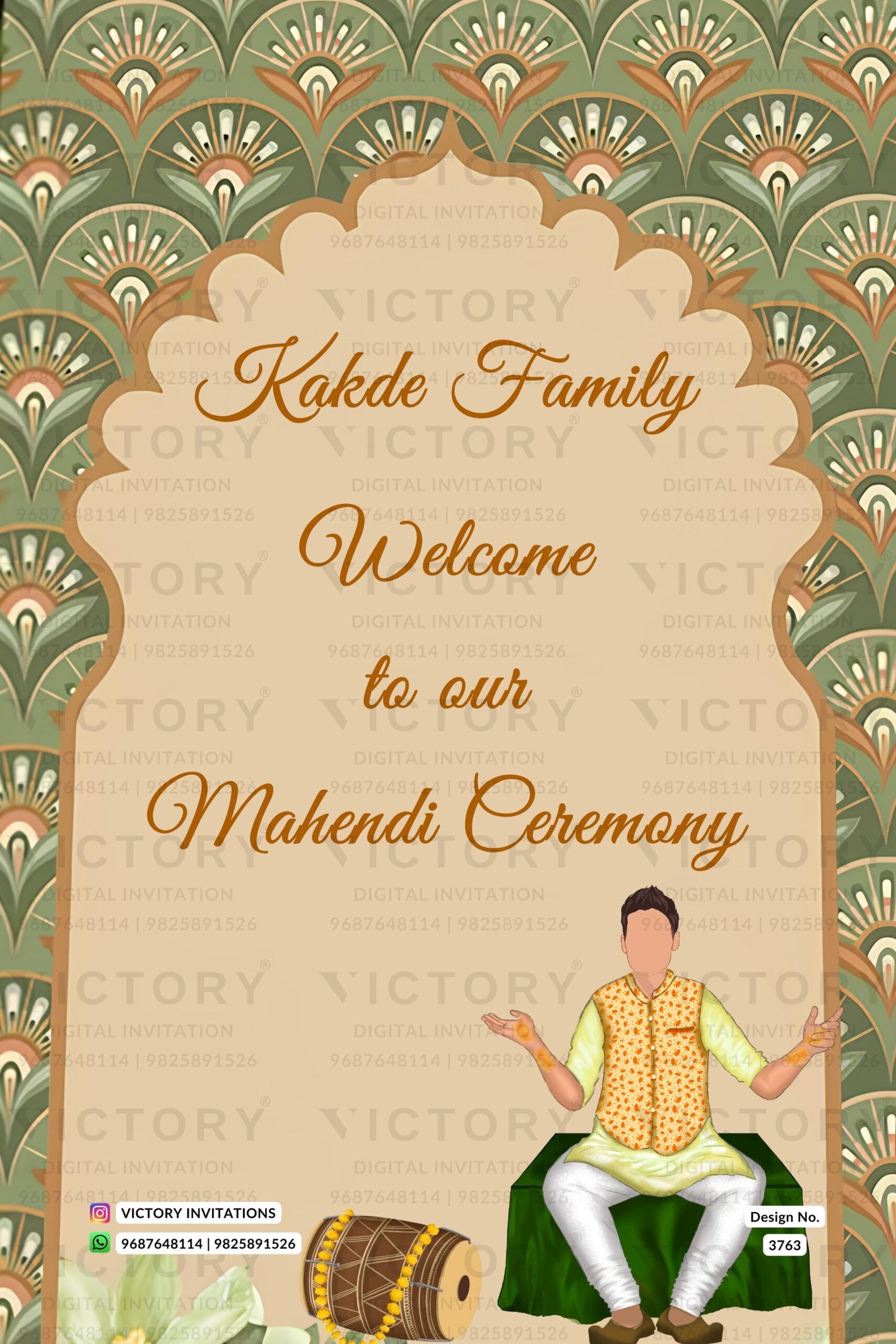 Mehendi Welcome Standee design in english language with dholak, doodle as arch theme design 3763