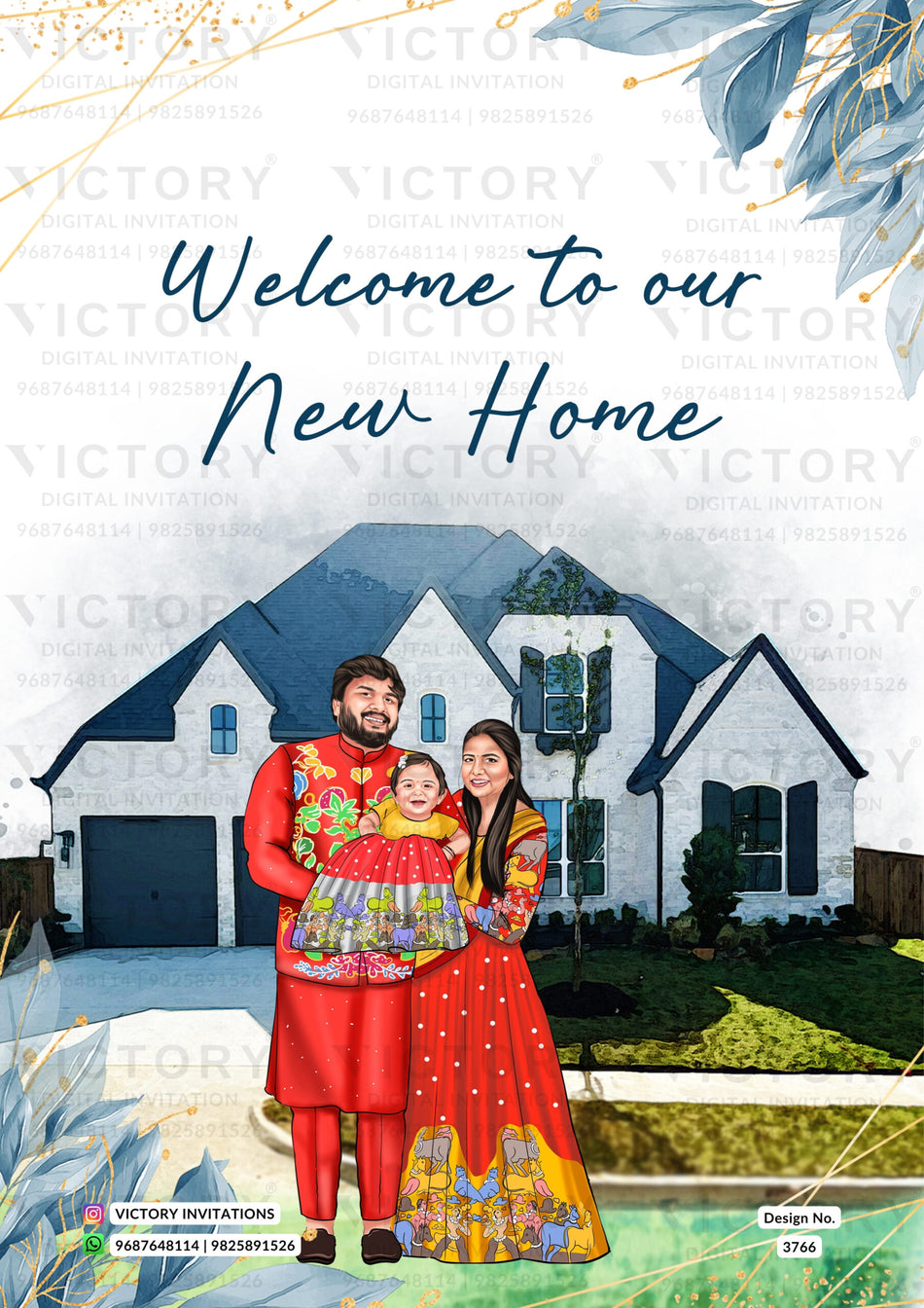 charming family caricature welcome standee of House Warming ceremony in English language with glitter, leaves as royal theme design 3766