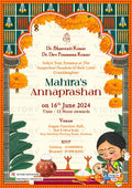 Annaprashan ceremony invitation card in english language with rice feeding doodle, flowers as traditional theme design 3768