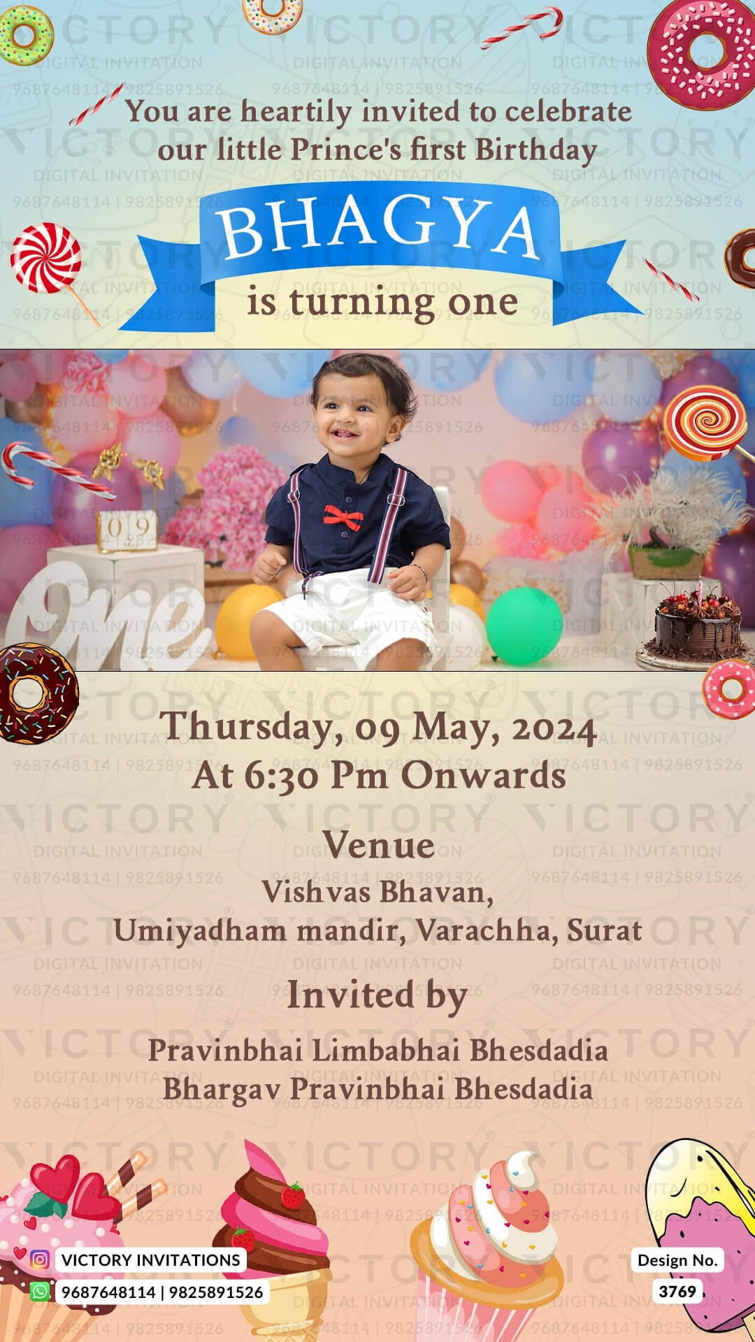 Birthday party invitation card in English language with candy theme design 3769