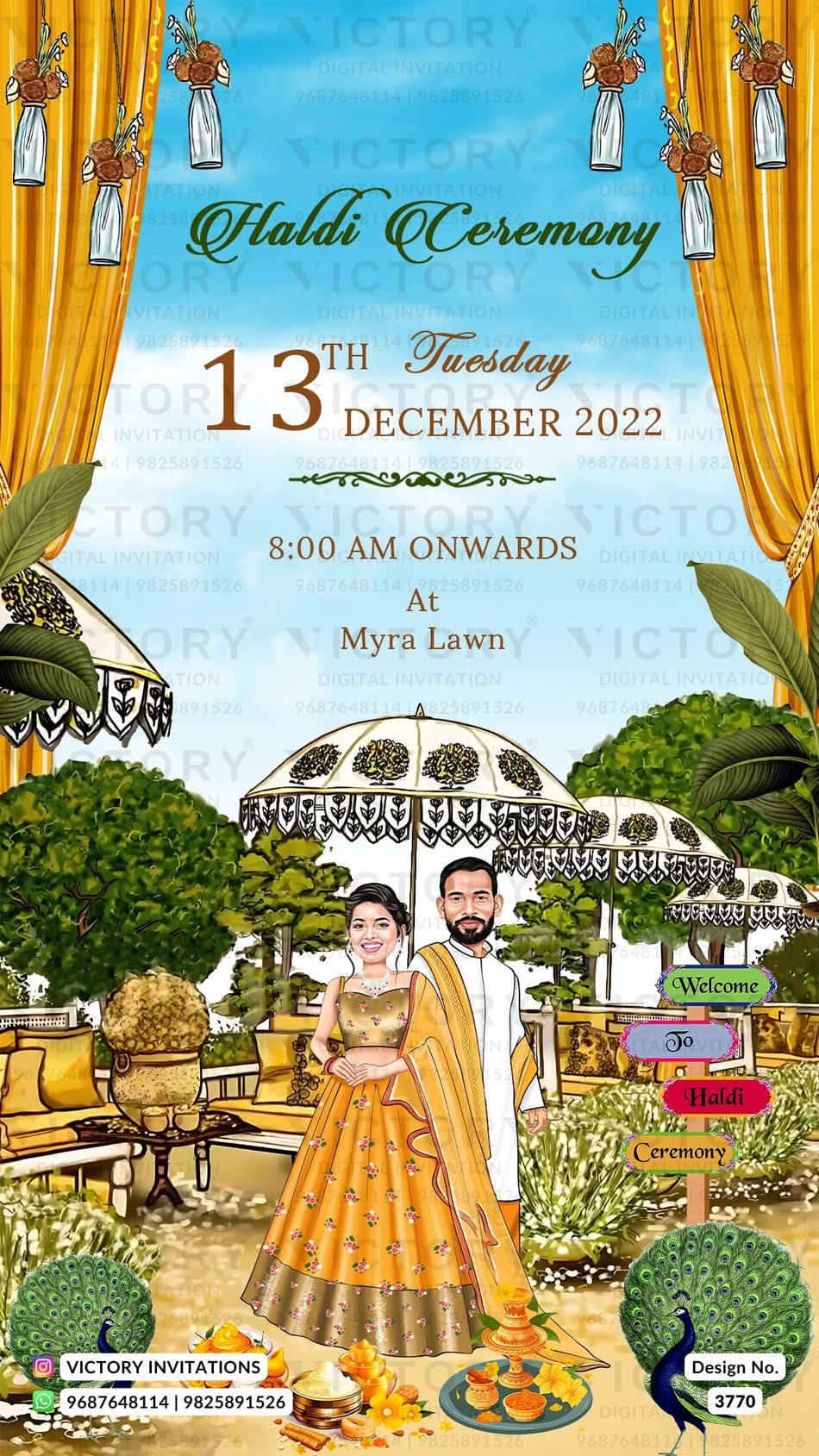 Traditional couple caricature invitation card for Haldi ceremony in English language with flowers, flowers, peacock as garden theme design 3770