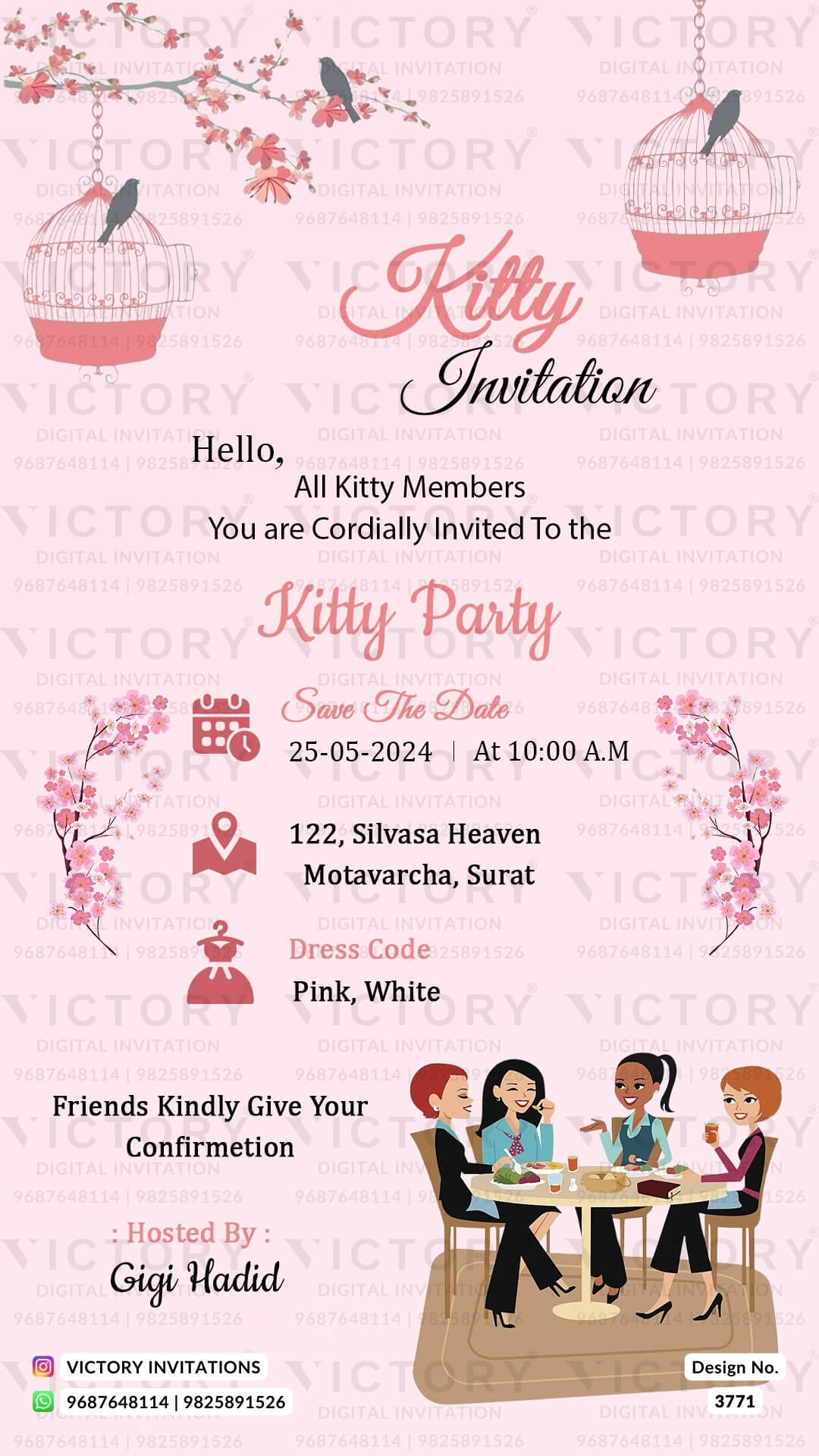 Kitty Party invitation card for ladies in english language with cage, party doodle as minimalistic theme design 3771
