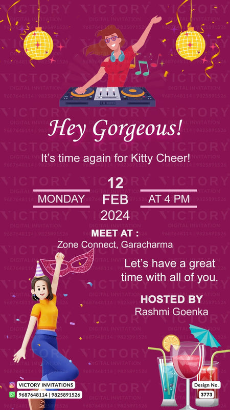 Kitty Party invitation card for ladies in english language with minimalistic theme design 3773