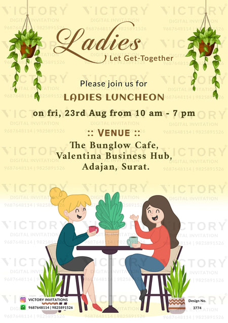 Kitty Party invitation card for ladies in english language with leaves as minimalistic theme design 3774