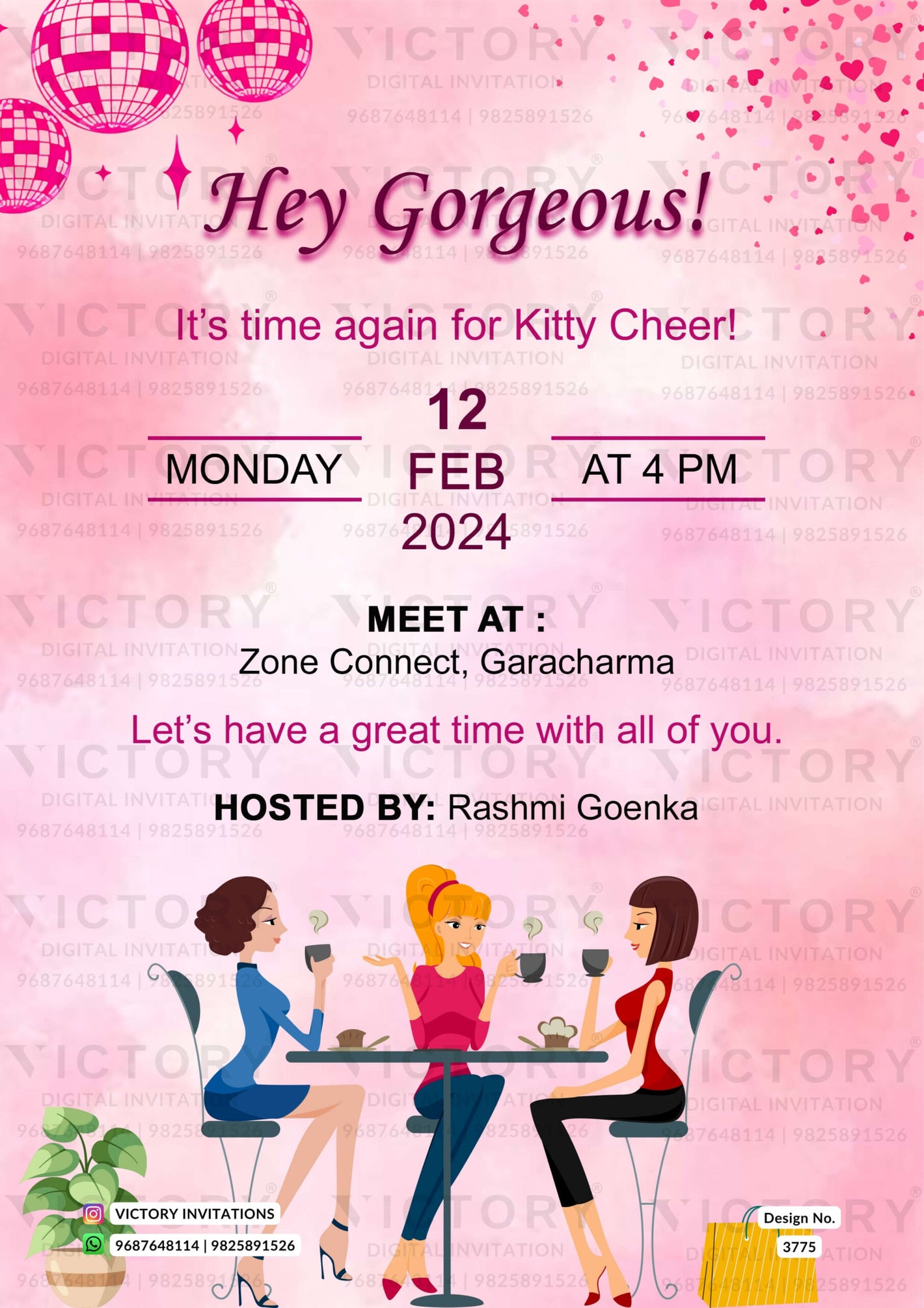 Kitty Party invitation card for ladies in english language with party doodle, dancing ball as minimalistic theme design 3775