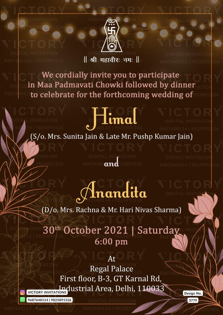 Wedding ceremony invitation card of hindu jain family in English language with Floral theme design 3779