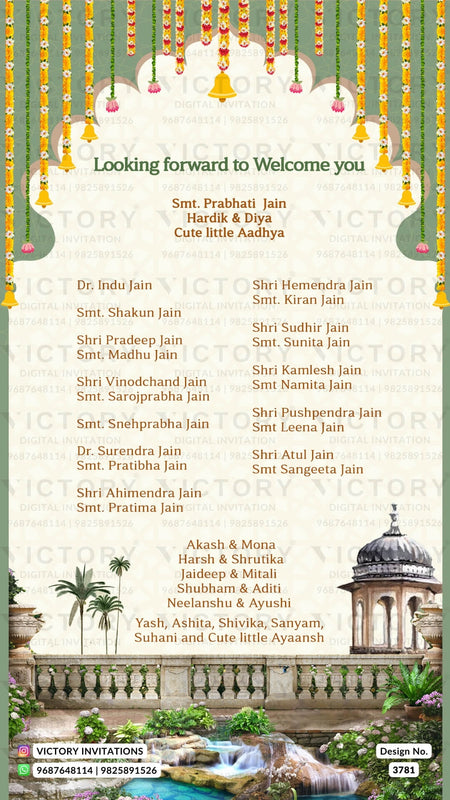 Wedding ceremony invitation card of hindu gujarati leuva family in English language with Arch theme design 3781