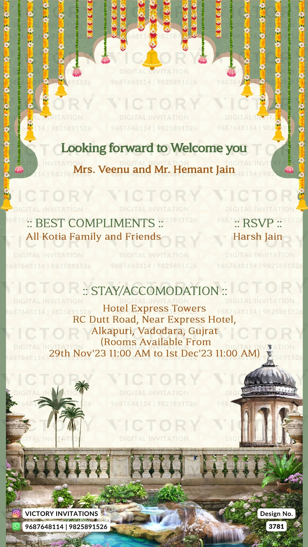 Wedding ceremony invitation card of hindu gujarati leuva family in English language with Arch theme design 3781