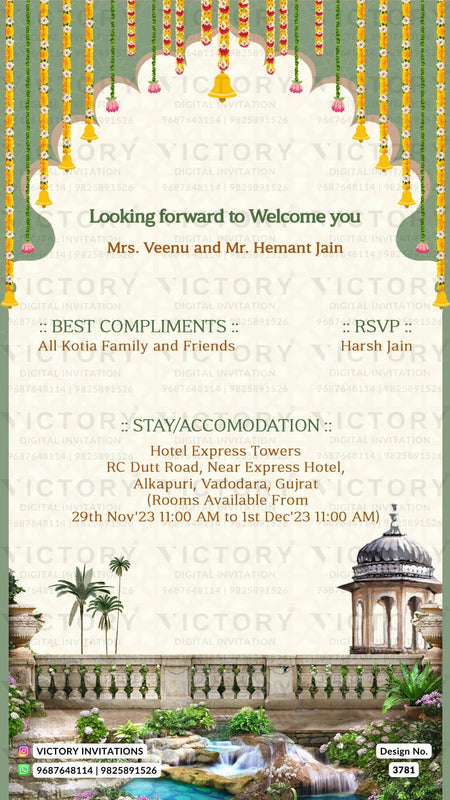 Wedding ceremony invitation card of hindu gujarati leuva family in English language with Arch theme design 3781