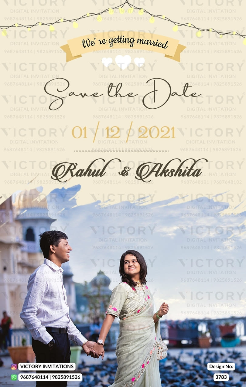 Save the Date card in english language with couple photo as minimalistic theme design 3783