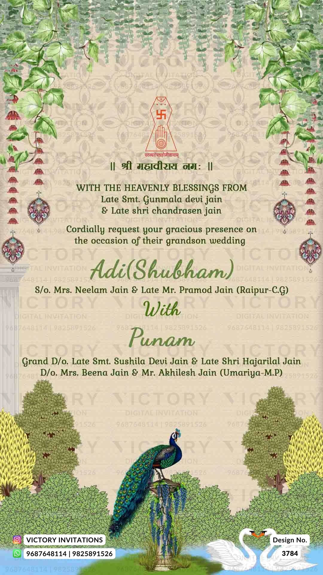 Wedding ceremony invitation card of hindu jain family in English language with Garden theme design 3784
