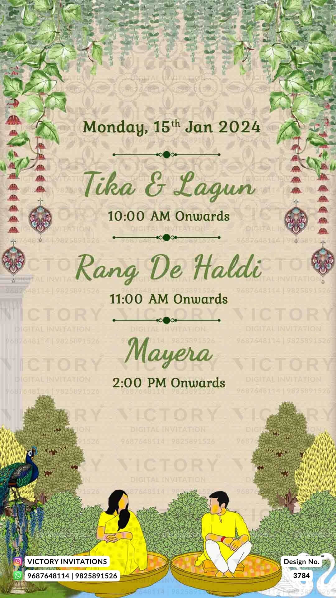 Wedding ceremony invitation card of hindu jain family in English language with Garden theme design 3784