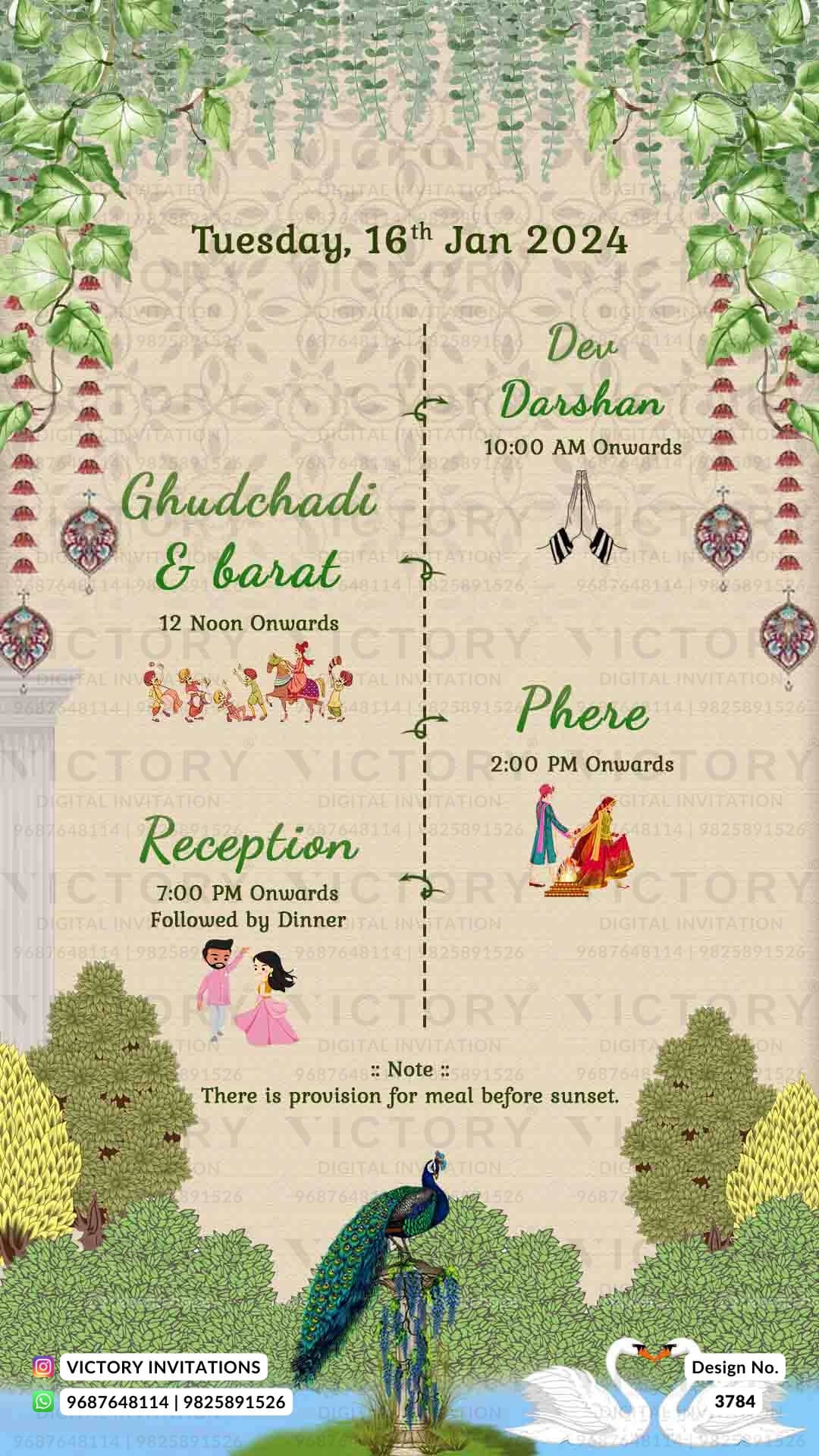 Wedding ceremony invitation card of hindu jain family in English language with Garden theme design 3784