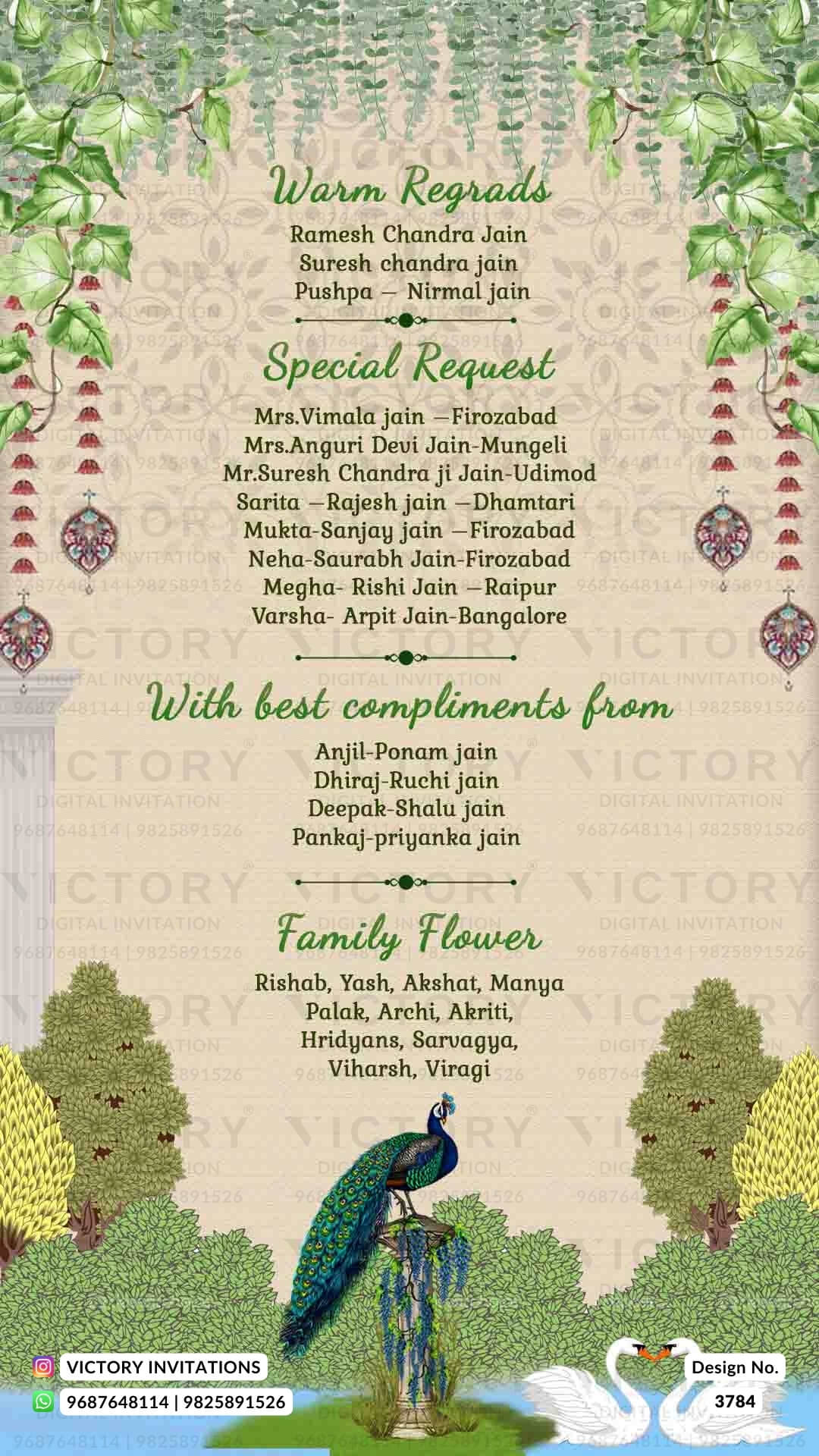 Wedding ceremony invitation card of hindu jain family in English language with Garden theme design 3784