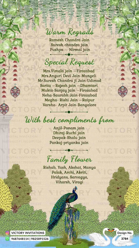 Wedding ceremony invitation card of hindu jain family in English language with Garden theme design 3784