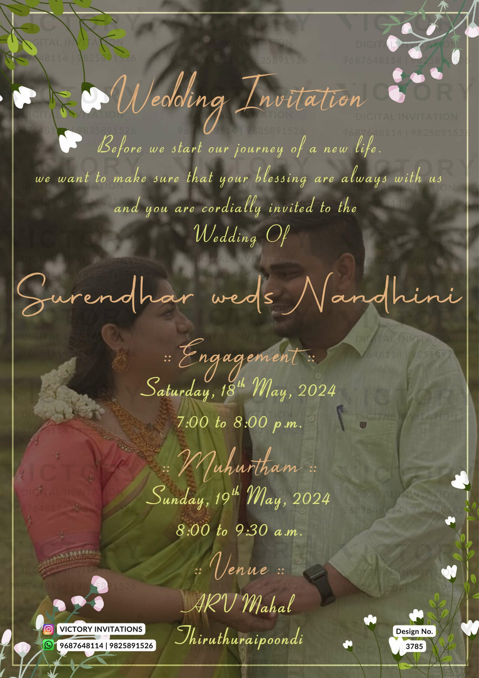 Wedding ceremony invitation card of hindu south indian tamil family in english language with minimalistic theme design 3785