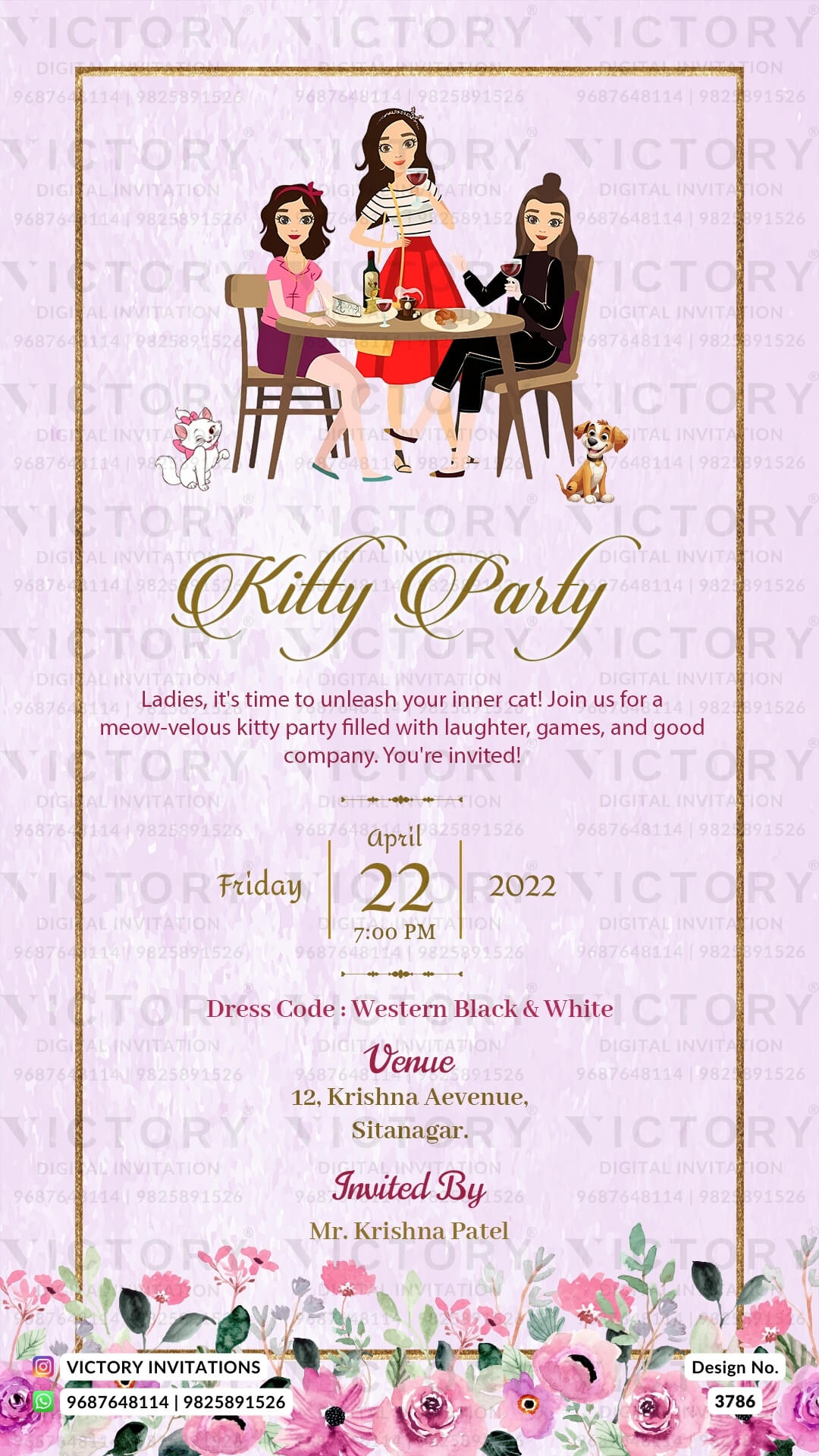 Kitty Party invitation card for ladies in english language with flowers, frame as floral theme design 3786