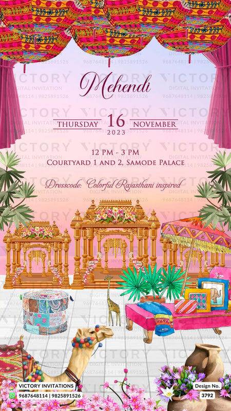 Mehendi ceremony invitation card in english language with umbrella, camel, leaves as rajasthani theme design 3792