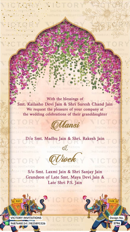 Wedding ceremony invitation card of hindu punjabi haryanvi family in English language with Arch theme design 3796