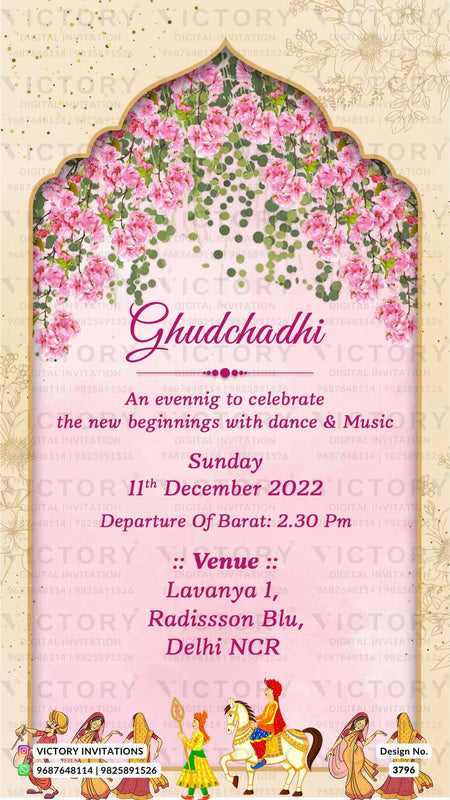Wedding ceremony invitation card of hindu punjabi haryanvi family in English language with Arch theme design 3796
