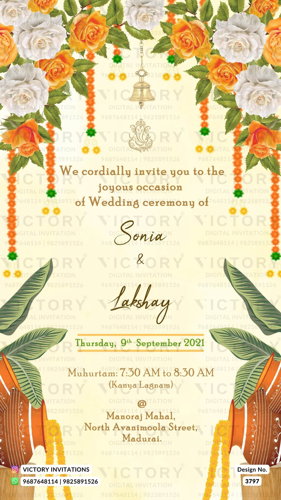 Wedding ceremony invitation card of hindu south indian tamil family in English language with Rose theme design 3797