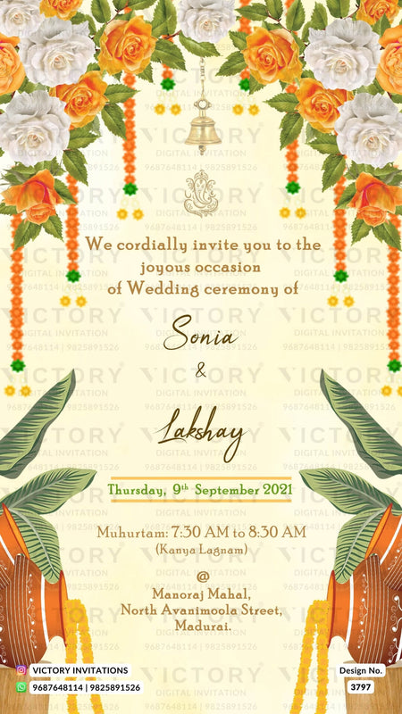Wedding ceremony invitation card of hindu south indian tamil family in English language with Rose theme design 3797