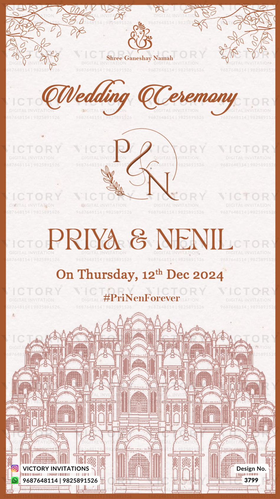 Wedding ceremony invitation card of hindu gujarati leuva family in english language with line art theme design 3799