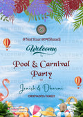 Pool Party Welcome Standee design for Wedding in english language with leaves, duck, hat as playful theme design 3800