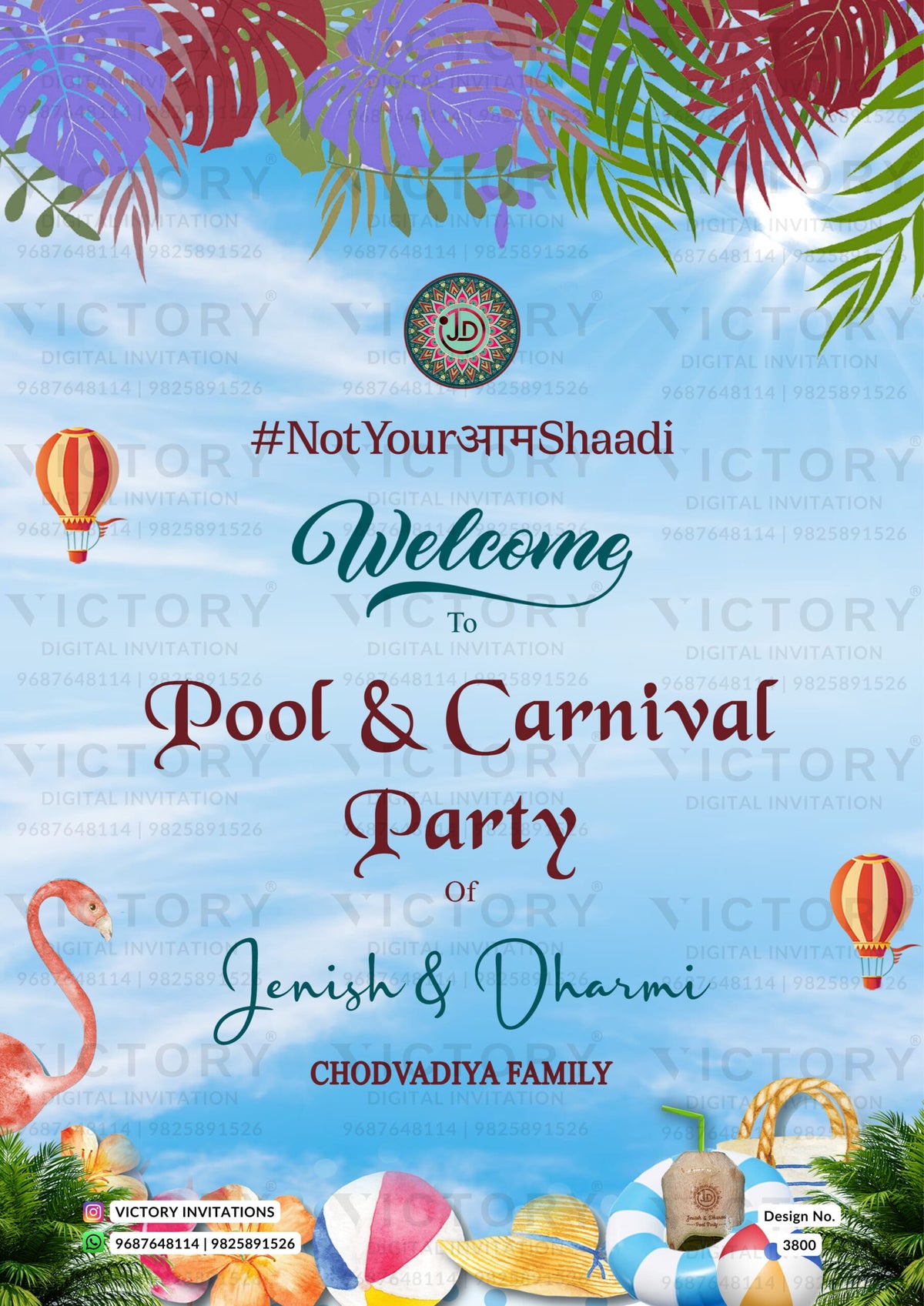 Pool Party Welcome Standee design for Wedding in english language with leaves, duck, hat as playful theme design 3800