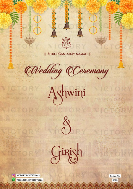Stylish couple caricature invitation card for wedding ceremony of hindu south indian telugu family in english language with traditional theme design 3803
