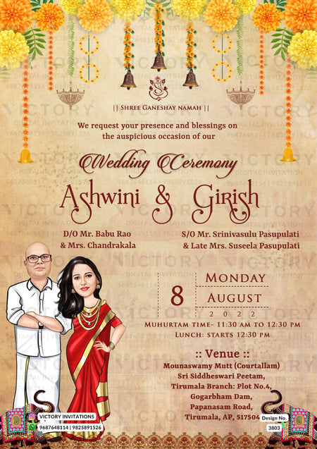 Stylish couple caricature invitation card for wedding ceremony of hindu south indian telugu family in english language with traditional theme design 3803