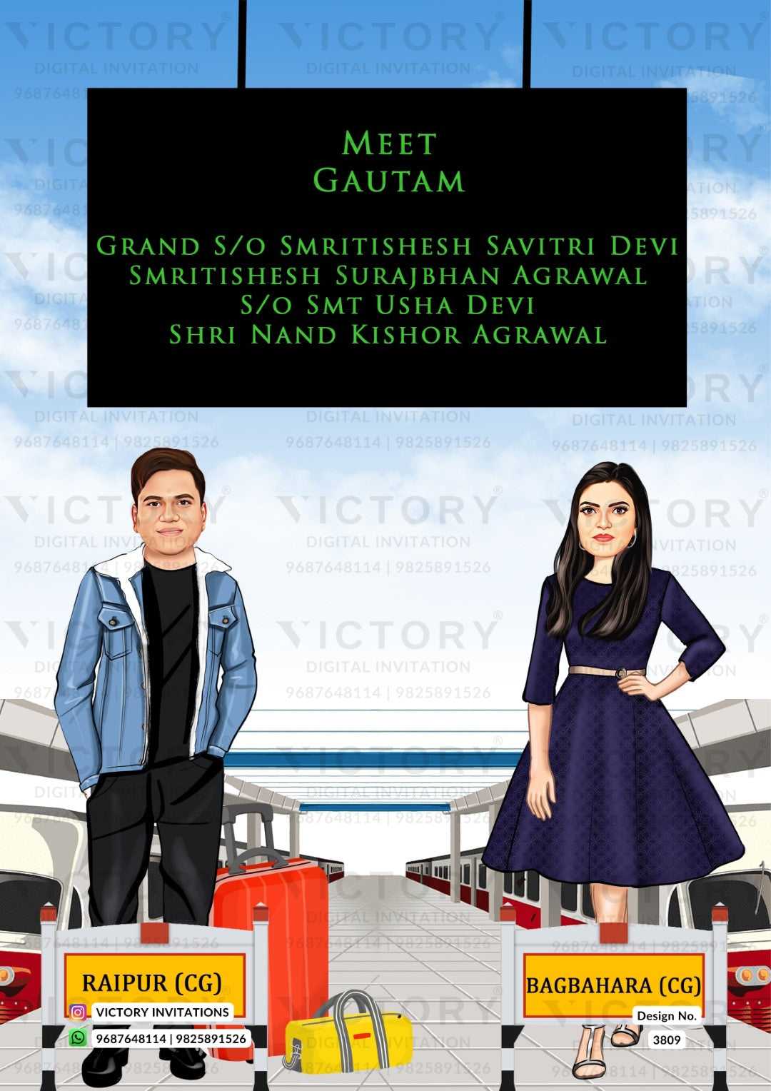 Romantic couple caricature invitation card for wedding ceremony of hindu modern family in english language with two state theme design 3809