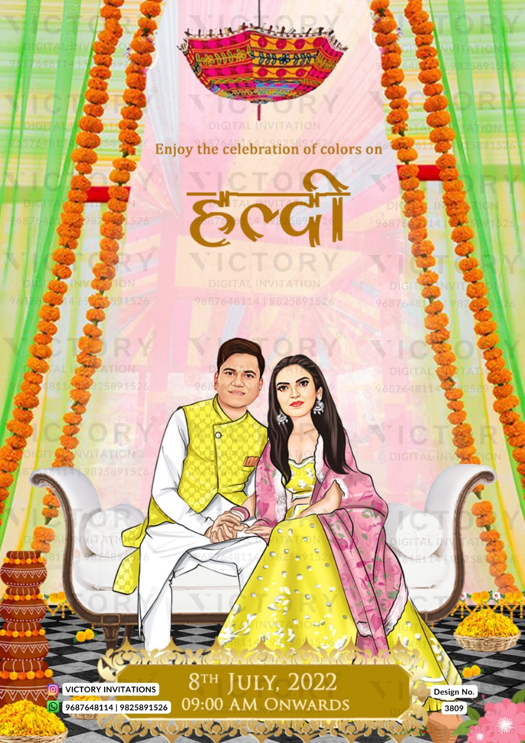 Romantic couple caricature invitation card for wedding ceremony of hindu modern family in english language with two state theme design 3809