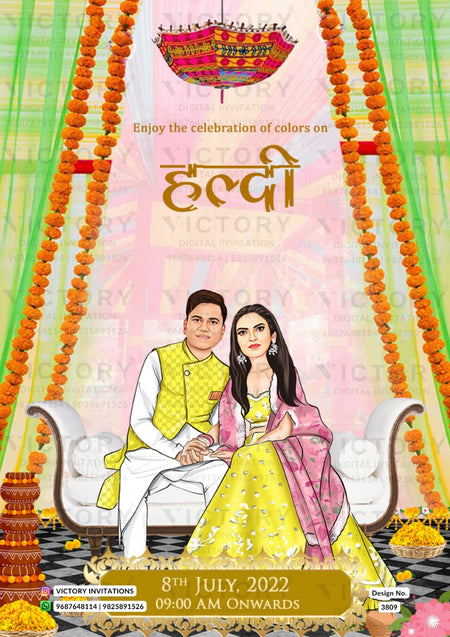 Romantic couple caricature invitation card for wedding ceremony of hindu modern family in english language with two state theme design 3809