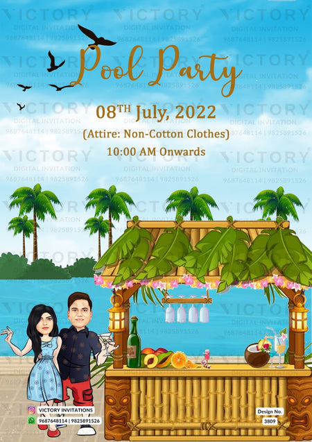 Romantic couple caricature invitation card for wedding ceremony of hindu modern family in english language with two state theme design 3809