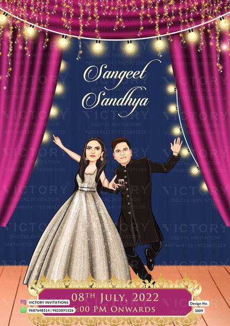 Romantic couple caricature invitation card for wedding ceremony of hindu modern family in english language with two state theme design 3809