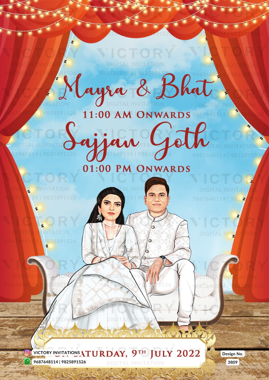 Romantic couple caricature invitation card for wedding ceremony of hindu modern family in english language with two state theme design 3809