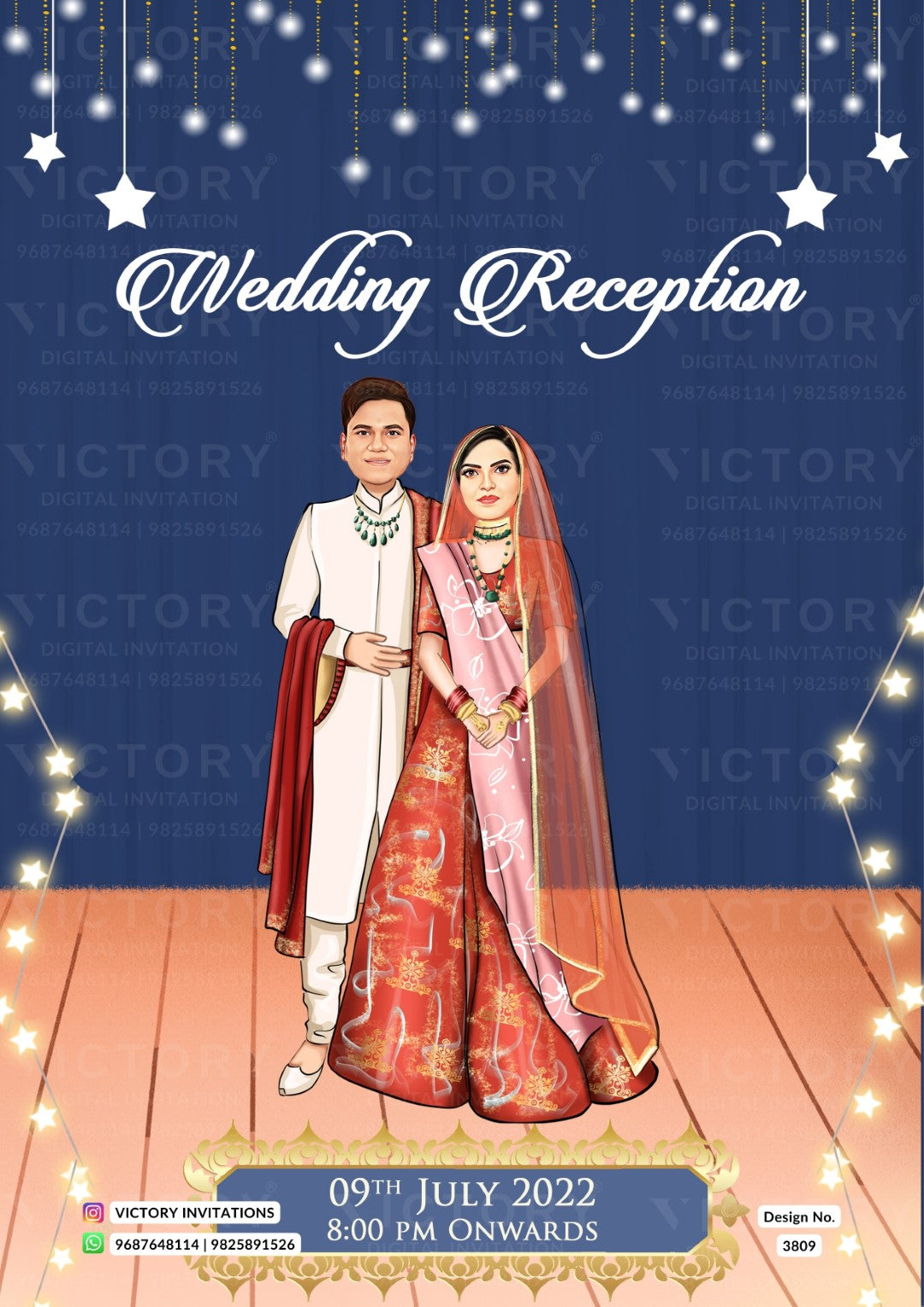 Romantic couple caricature invitation card for wedding ceremony of hindu modern family in english language with two state theme design 3809