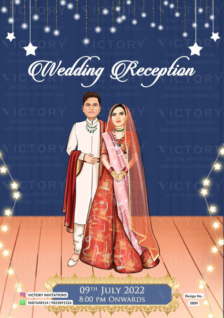 Romantic couple caricature invitation card for wedding ceremony of hindu modern family in english language with two state theme design 3809