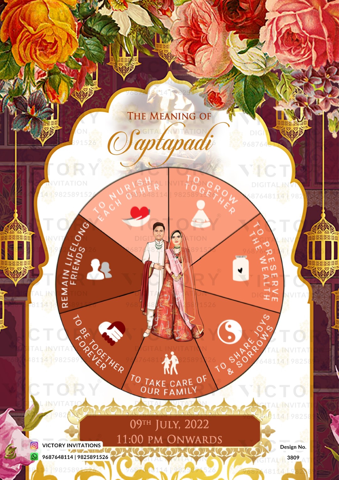 Romantic couple caricature invitation card for wedding ceremony of hindu modern family in english language with two state theme design 3809