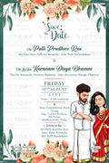 Adorable couple caricature invitation card for wedding ceremony of hindu south indian telugu family in english language with floral theme design 3813